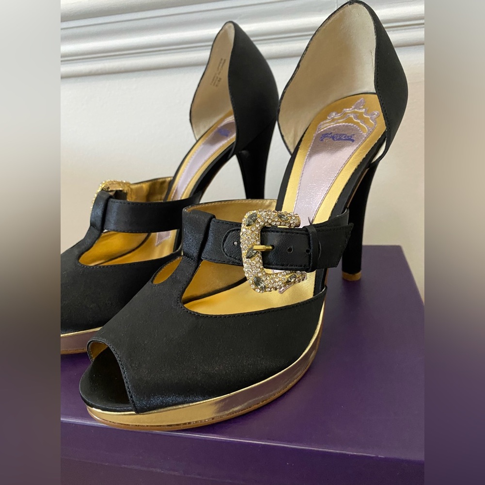 Hale Bob Black and Gold High Heels with Buckle